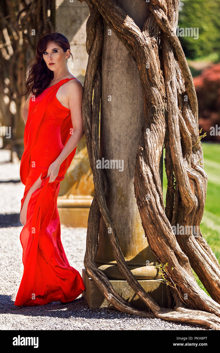 A beautiful woman in a long dress standing and posing beside an interesting silk wood tree on the Biltmore estate in North Carolina Stock Photo
