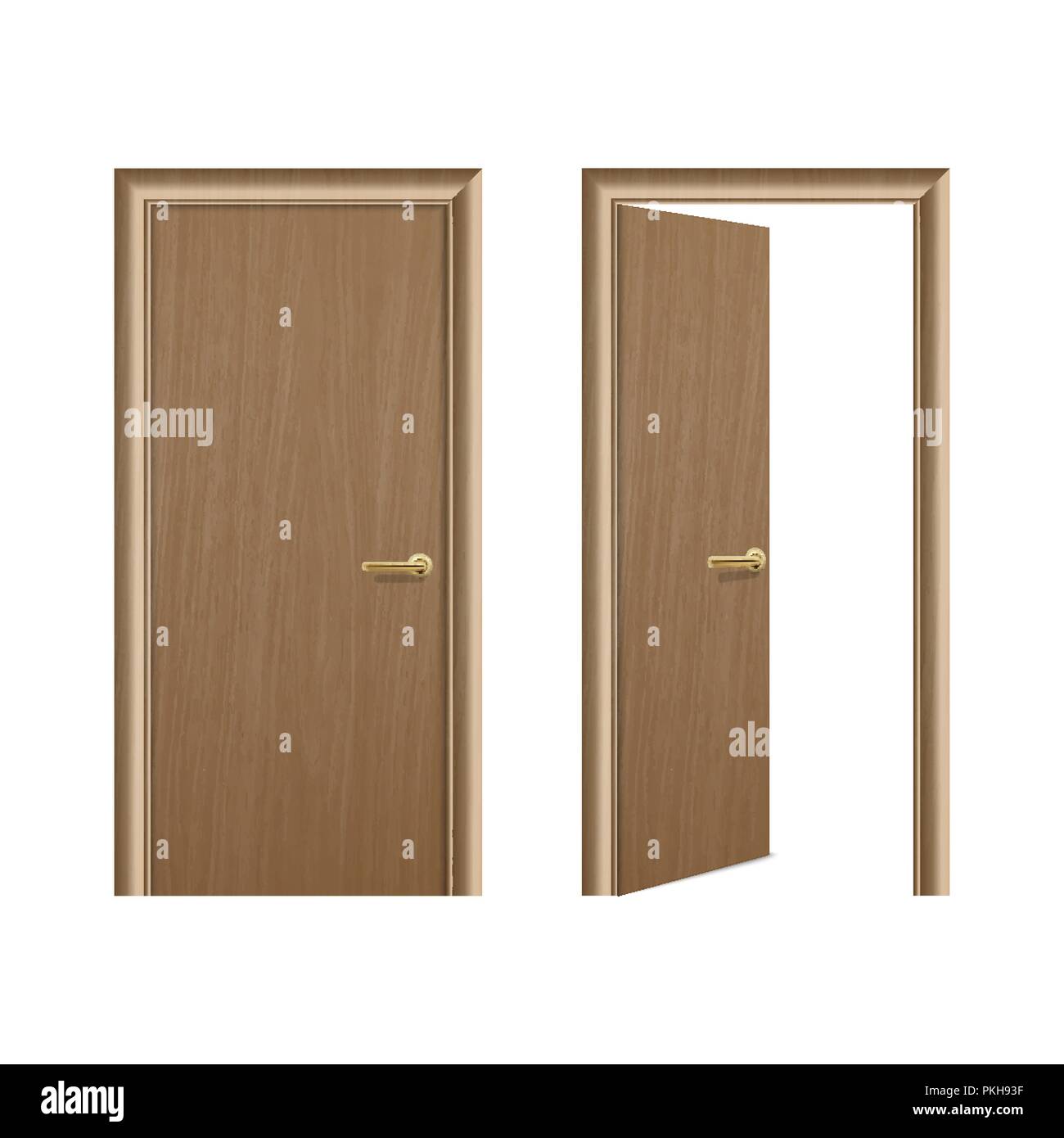 Vector realistic different opened and closed brown wooden door icon set ...