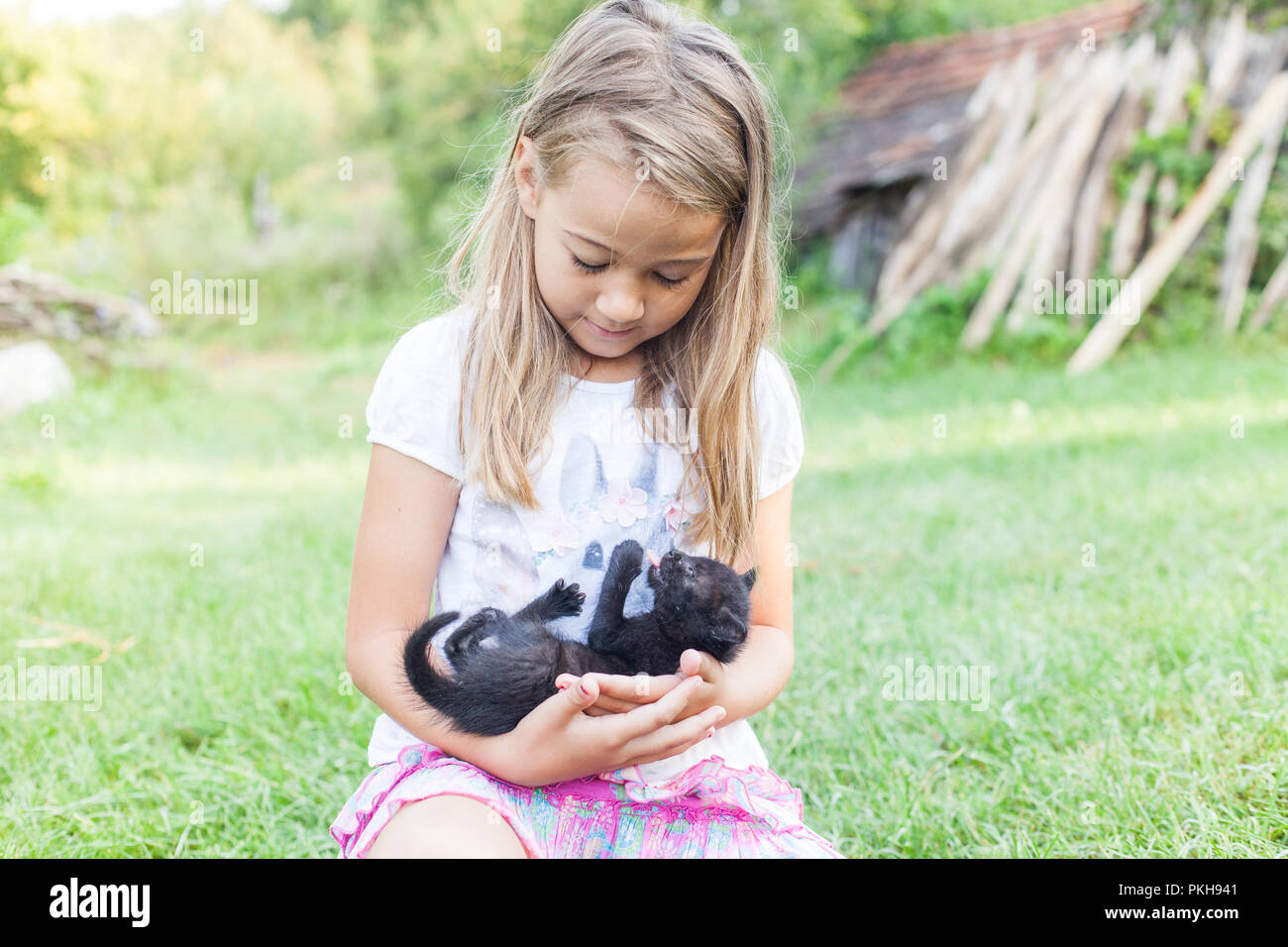 Happy adorable little girl with her domestic kitten outdoors in summer Stock Photo