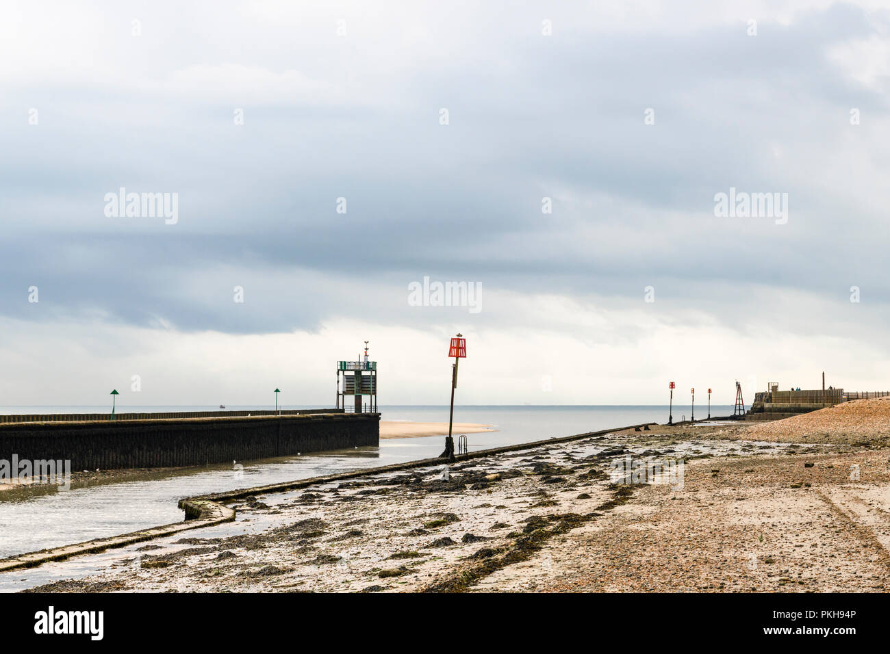 The entrance to Rye Harbour at low tide along the River Rother, East Sussex, England. 30 August 2018 Stock Photo