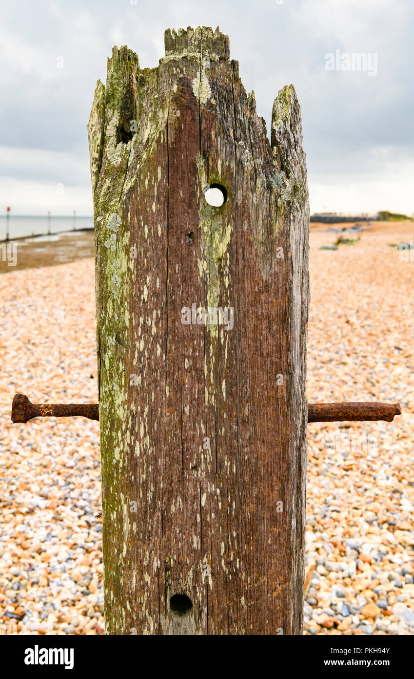 One of the old sea defence posts at the entrance to Rye Harbour, East Sussex, England. 30 August 2018 Stock Photo