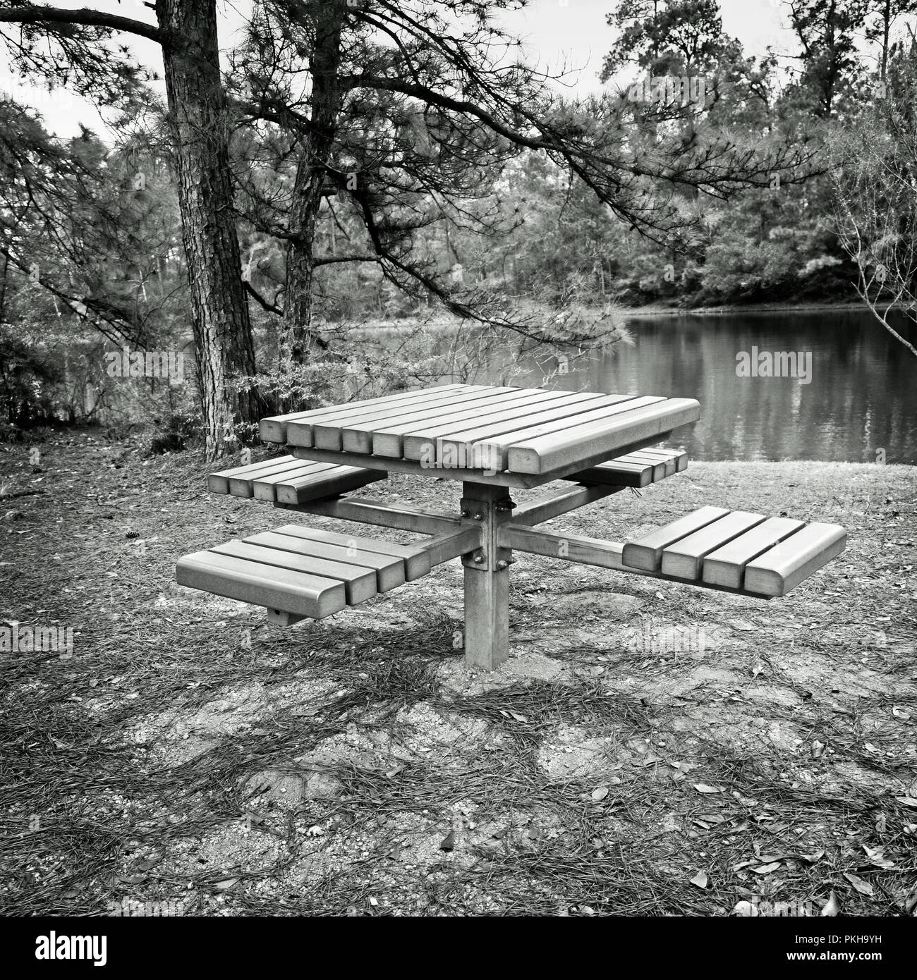 The Woodlands, TX USA - Feb 20, 2018  -  Picnic Bench by a Lake in B&W Stock Photo