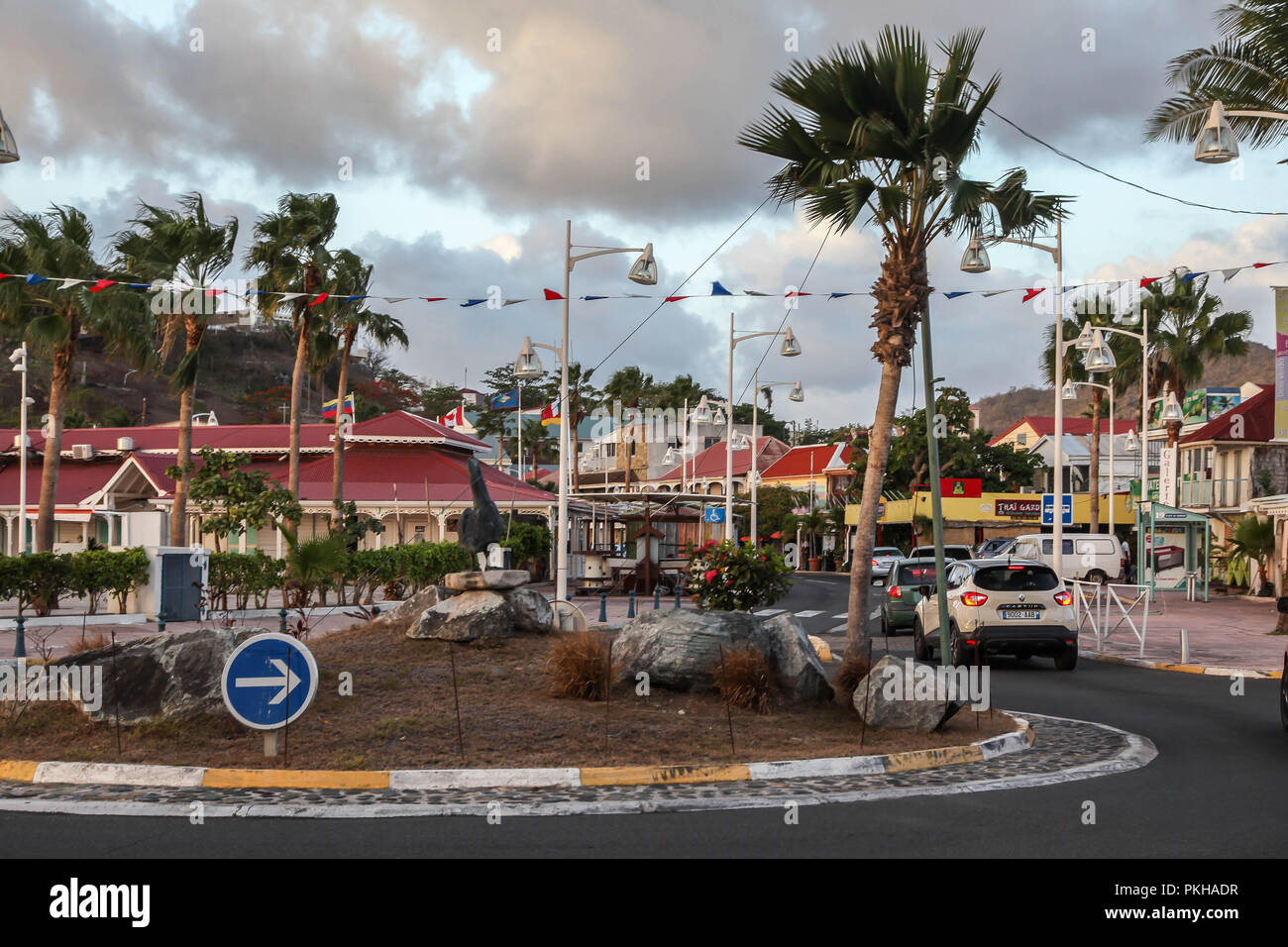 MARIGOT, ST.MARTIN - JULY 31: Busy road circle entrance to  Marigot in July 31, 2015 in St.Maarten, Caribbean Island. Stock Photo