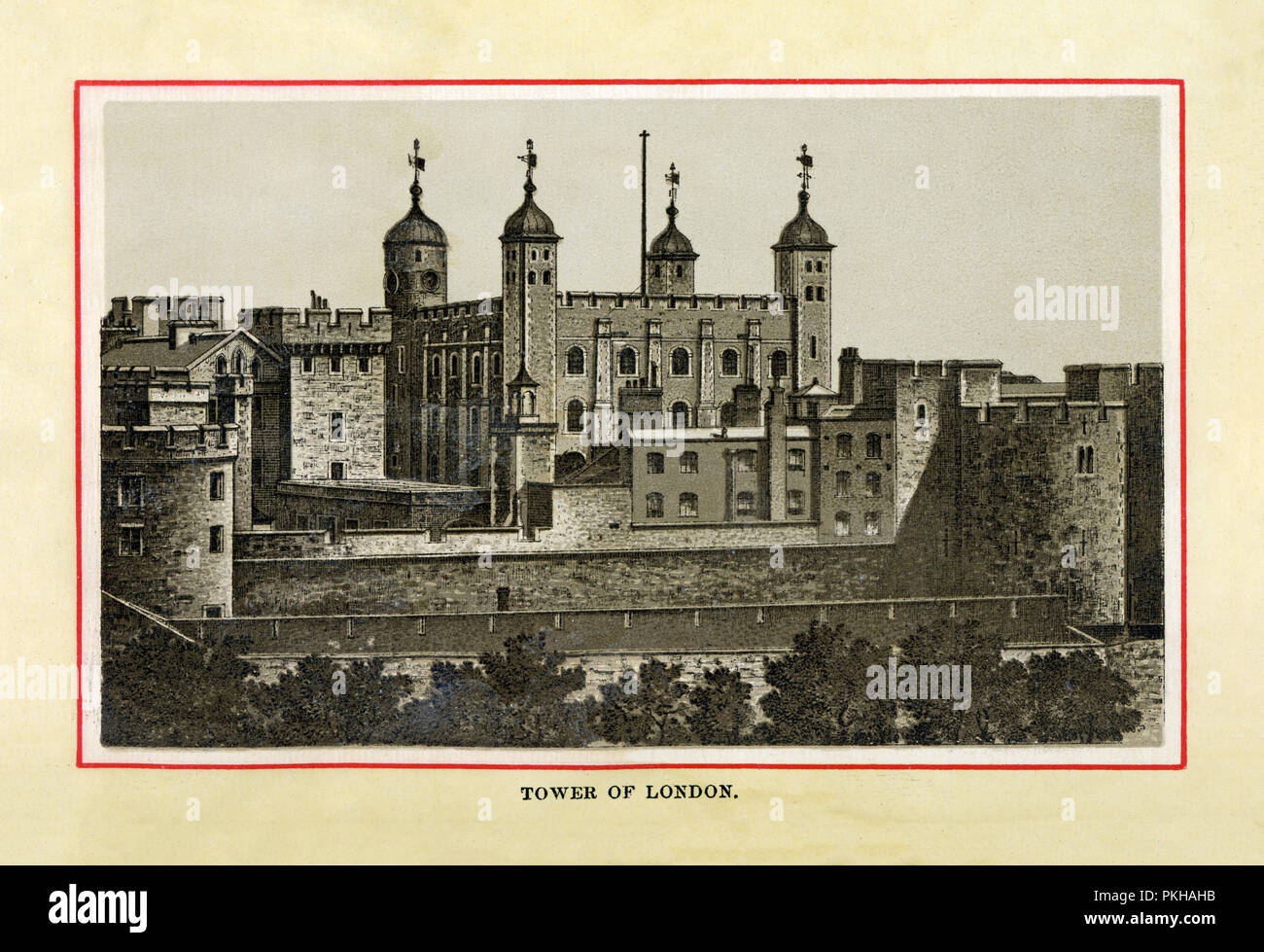 The Tower of London, 1880 high quality steel engraving of the castle whose central keep, the White Tower, was built by William the Conqueror after his successful invasion of England in 1066 Stock Photo