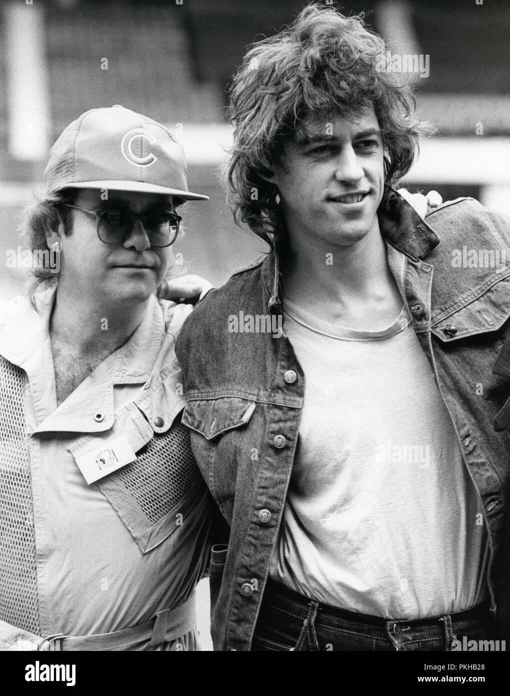 LIBRARY PIC. 1985. Elton John and Bob Geldof at Wembley preparing for the Live Aid concert on