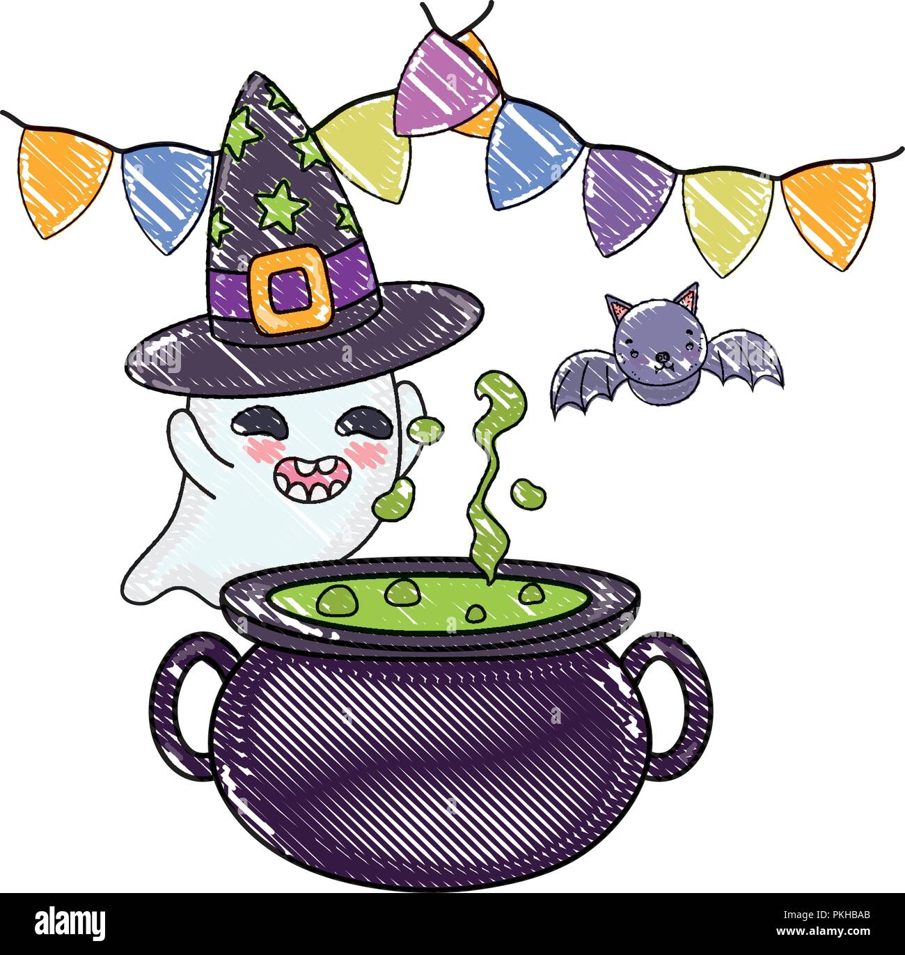 grated pot cauldron and ghost with hat and bat Stock Vector Image & Art ...