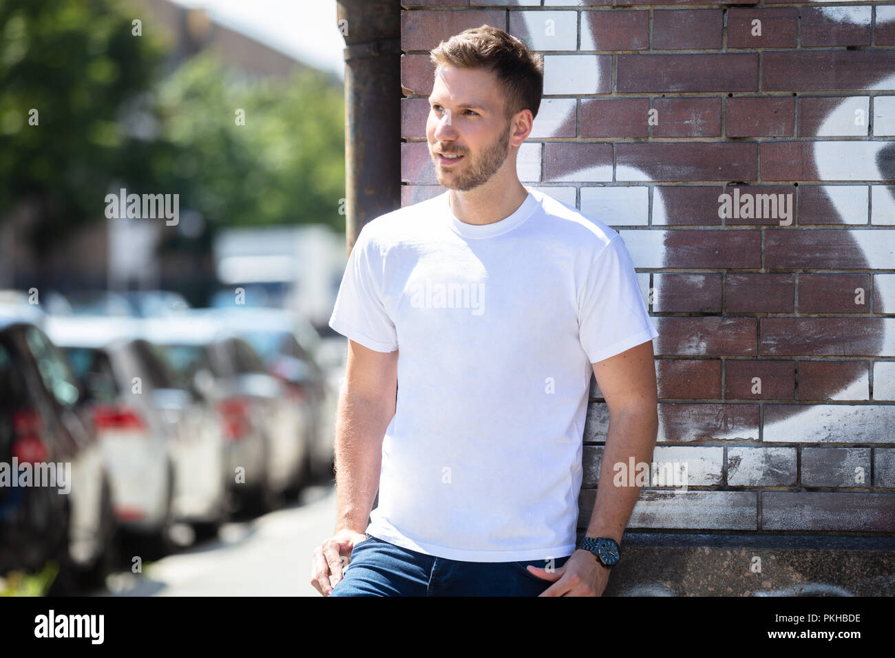 Portrait Of A Young Man Leaning On Brick wall Stock Photo - Alamy