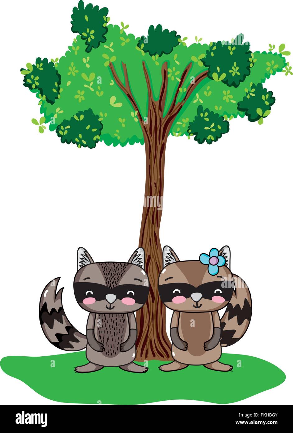cute raccoon couple animal and tree Stock Vector Image & Art - Alamy
