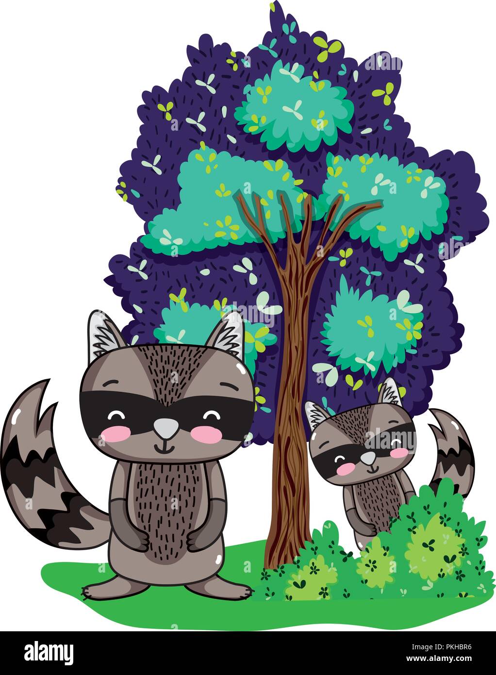 raccoons friends animals with bushes and tree Stock Vector