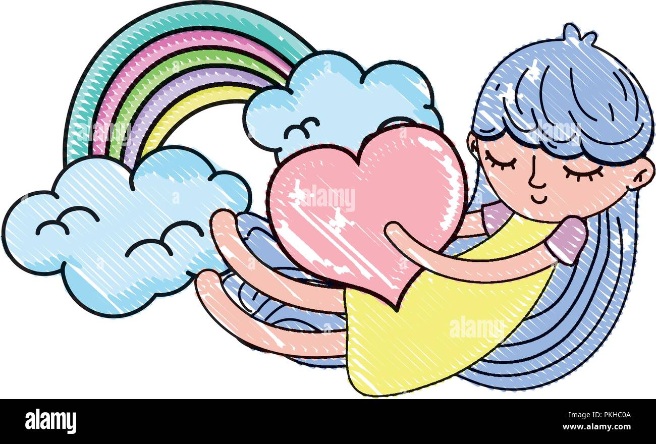 scribbled sleeping girl with heart and rainbow clouds Stock Vector ...