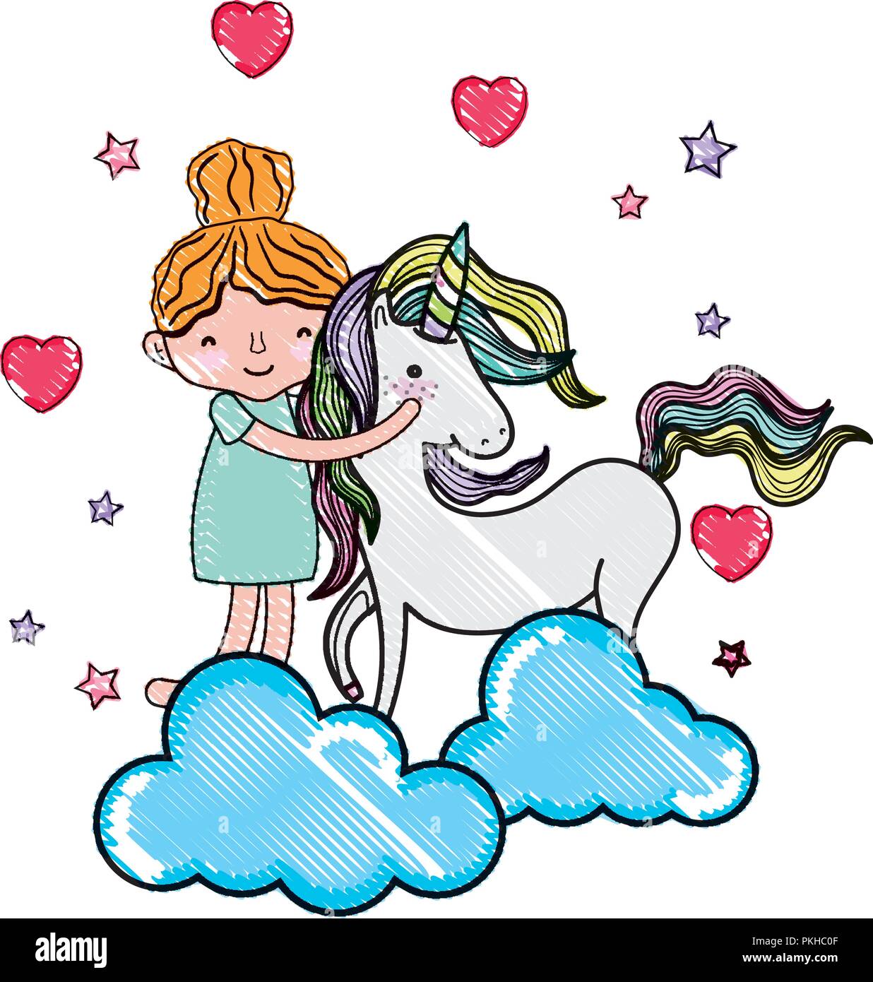 scribbled happy girl hugging cute unicorn Stock Vector Image & Art - Alamy