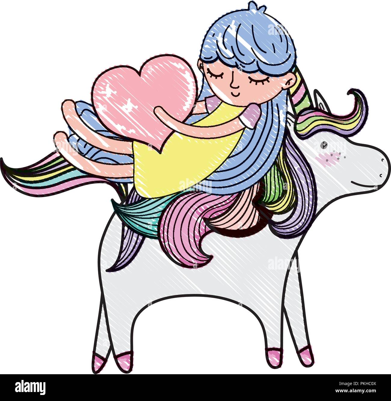 scribbled girl with heart riding cute unicorn Stock Vector Image & Art ...