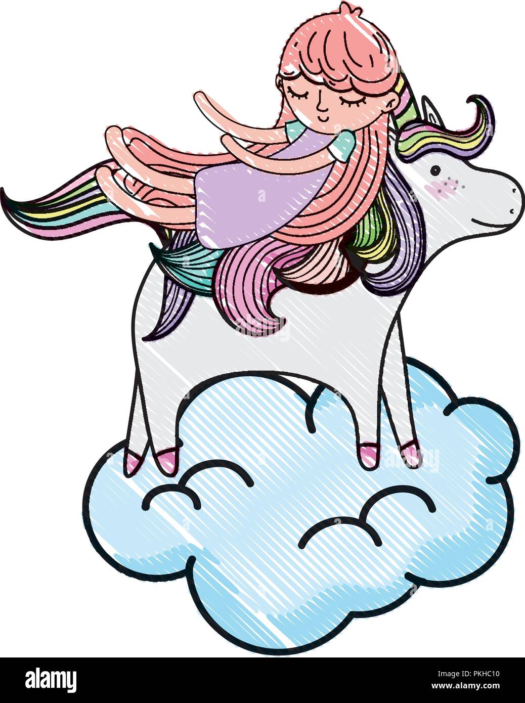scribbled sleeping girl with beauty unicorn in the cloud Stock Vector ...
