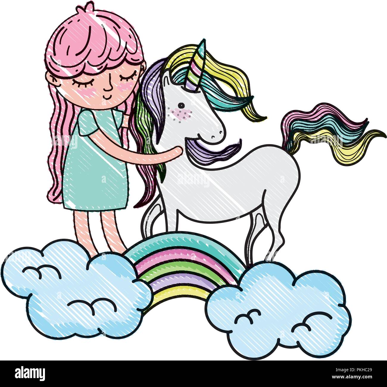 scribbled beauty unicorn with nice girl in the rainbow Stock Vector ...