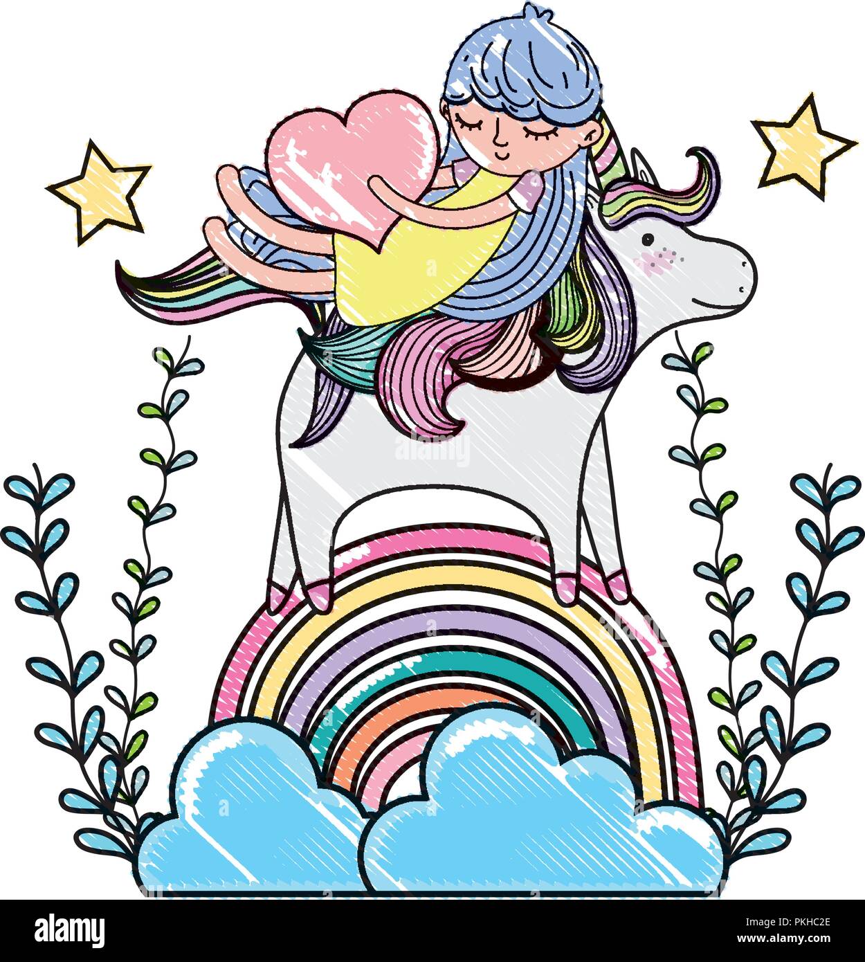scribbled girl and unicorn in the rainbow clouds with branches Stock ...
