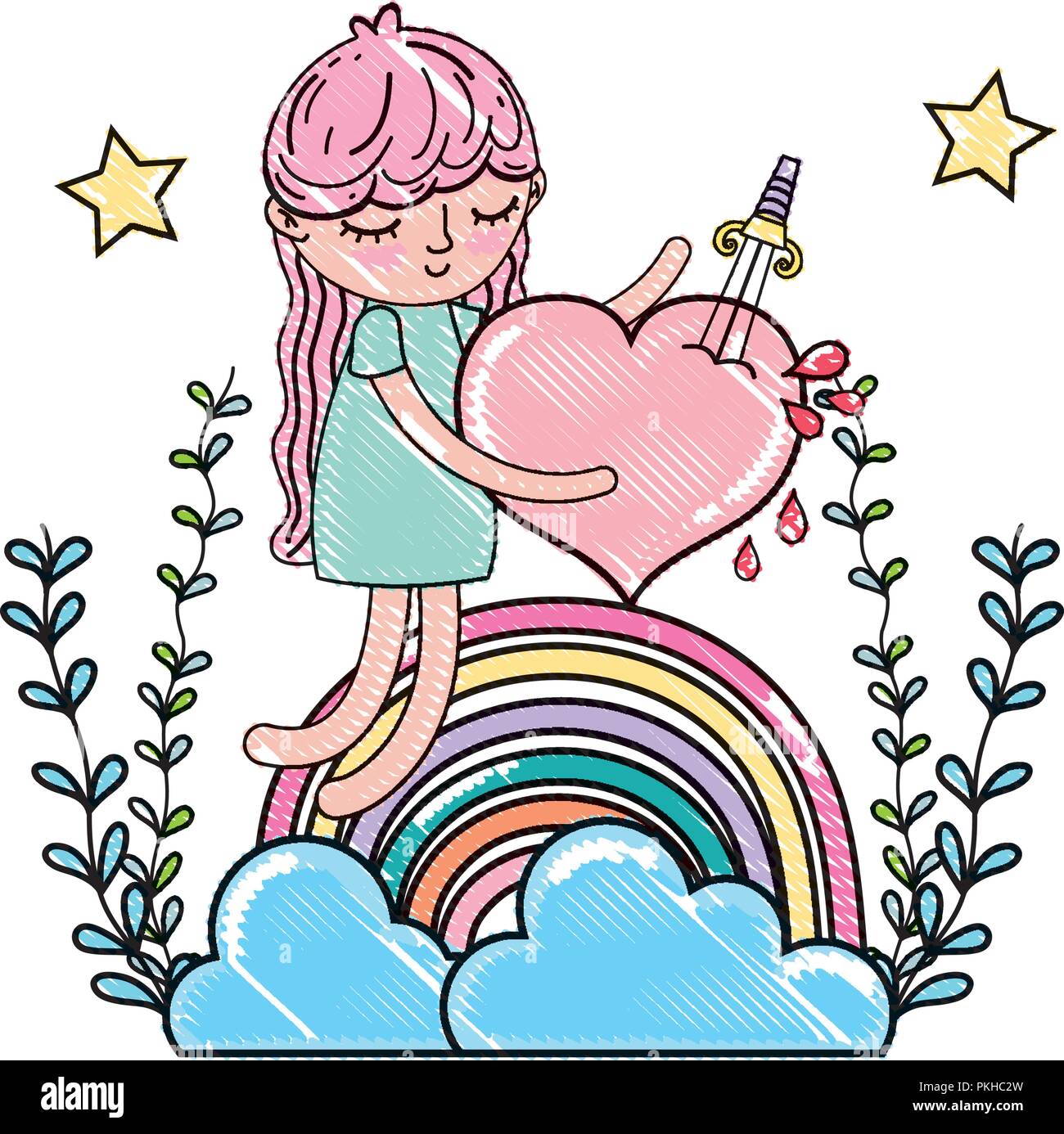 scribbled girl with heart and rainbow clouds with branches Stock Vector ...