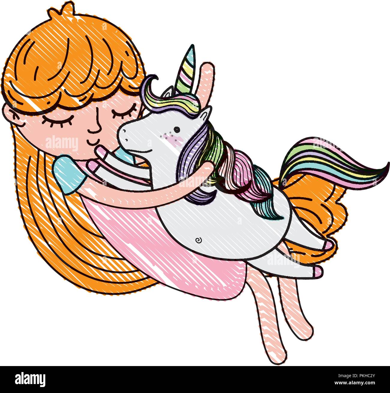 scribbled cute girl hugging nice unicorn Stock Vector Image & Art - Alamy