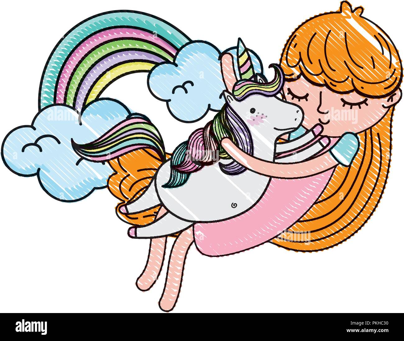 scribbled girl hugging unicorn with rainbow and clouds Stock Vector ...