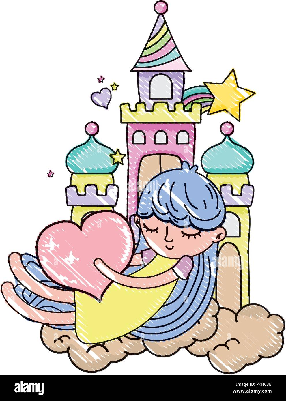 scribbled sleeping girl with heart in the castle and clouds Stock ...