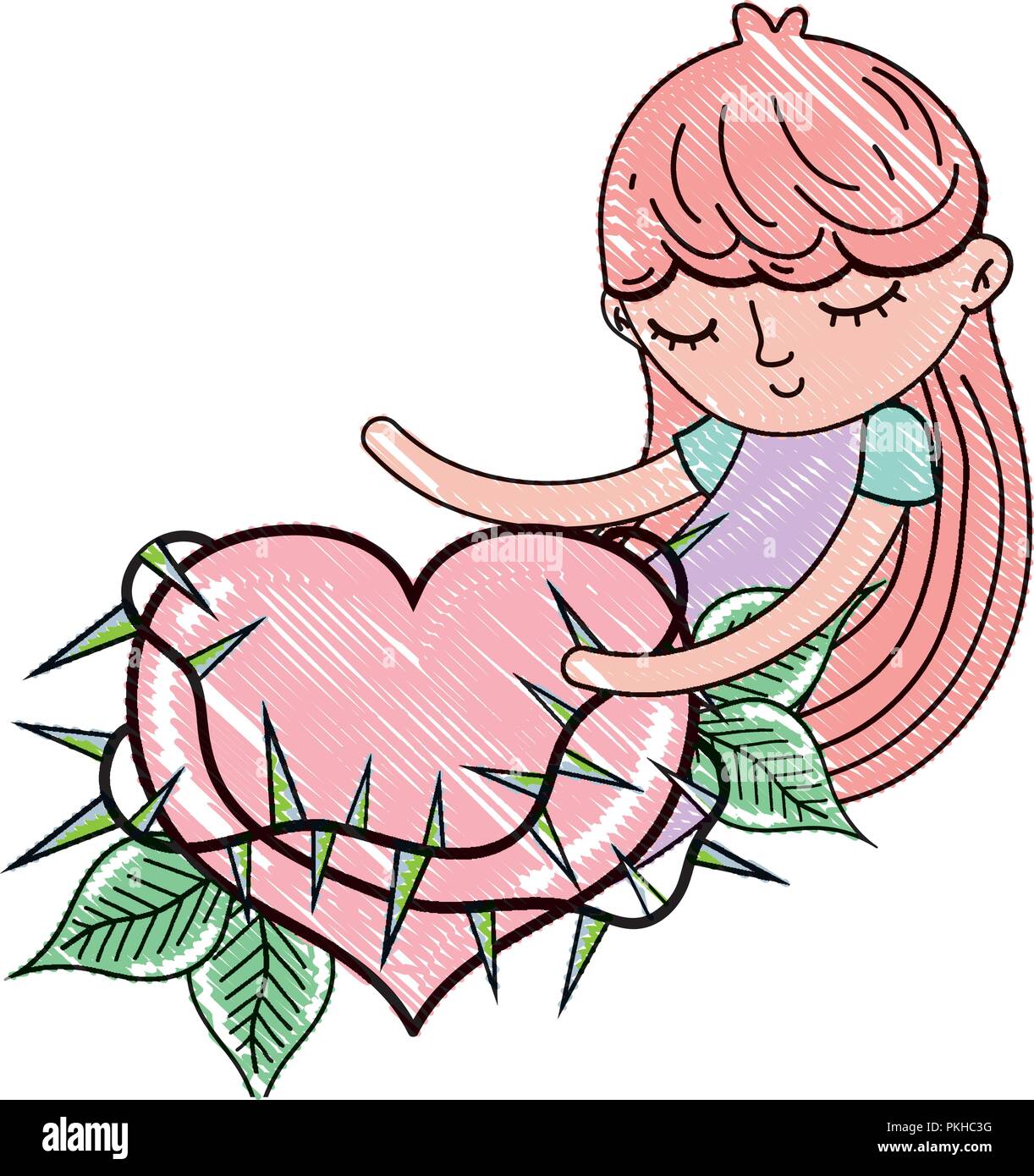 scribbled sleeping girl with thorned heart and leaves Stock Vector ...