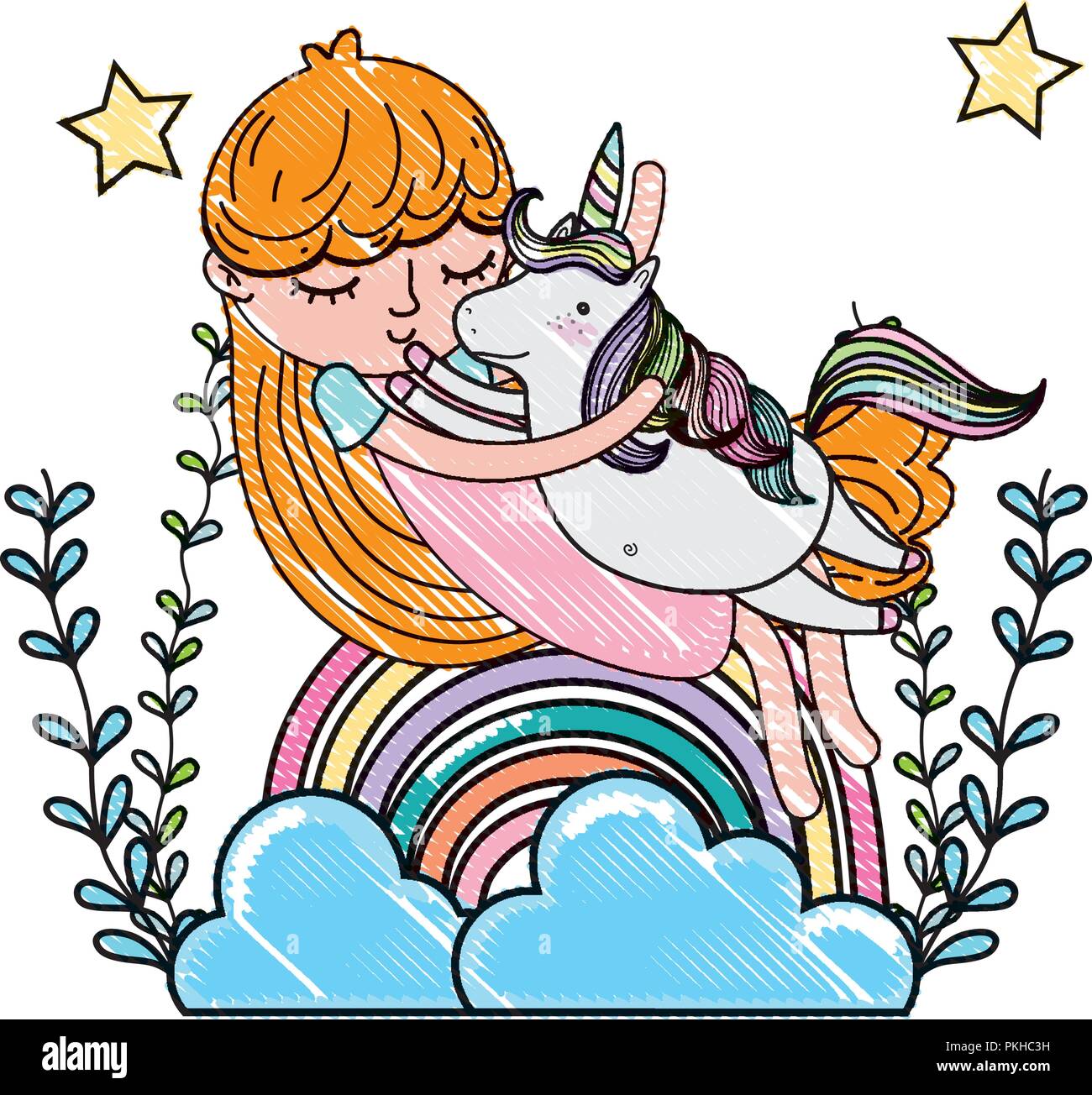scribbled girl hugging unicorn with rainbow and branches Stock Vector ...