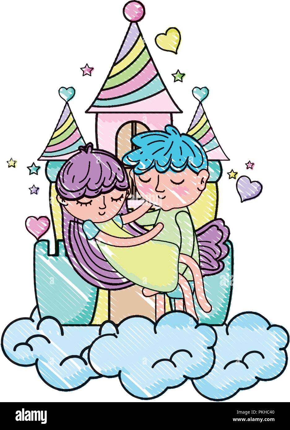 scribbled boy carrying girl in the clastle with clouds Stock Vector ...