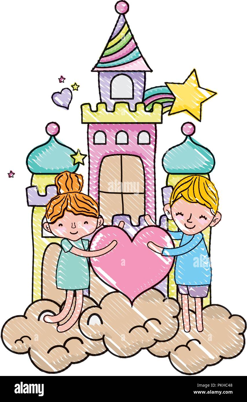 scribbled boy and girl with heart in the castle clouds Stock Vector ...