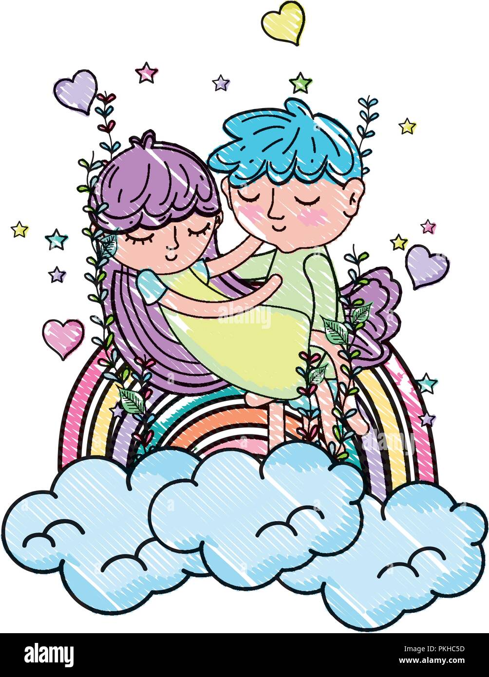 scribbled boy carrying girl in the clouds with rainbow and hearts Stock ...