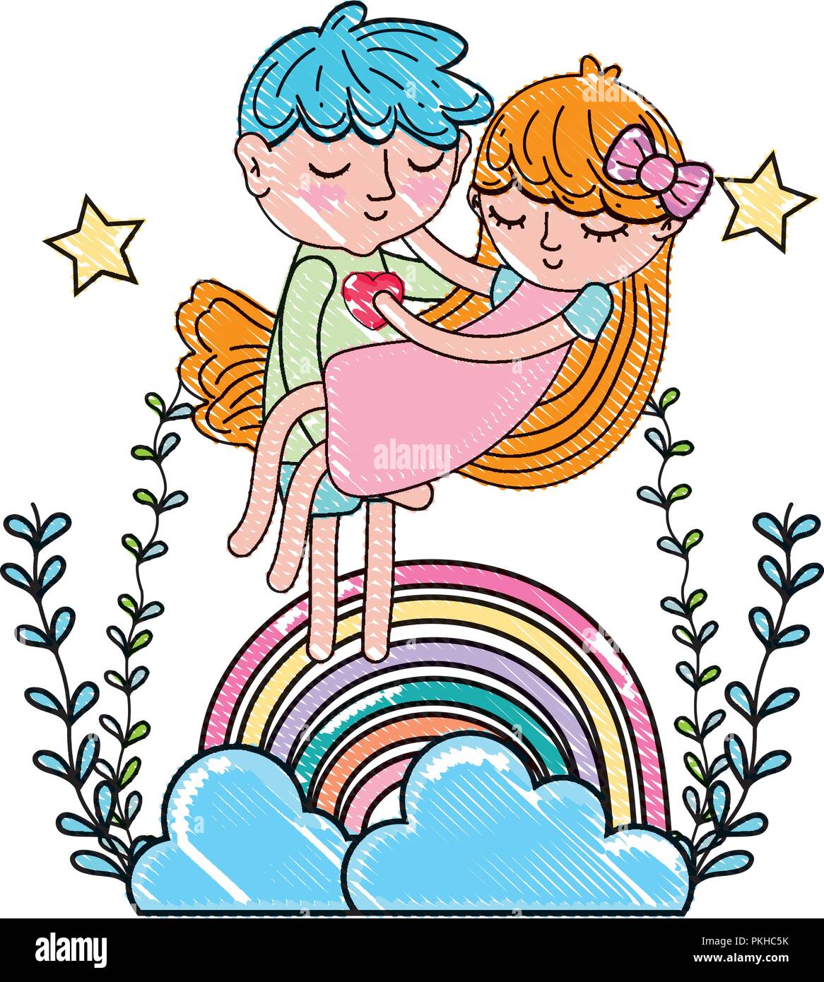 scribbled boy carrying girl in the rainbow with clouds and branches ...