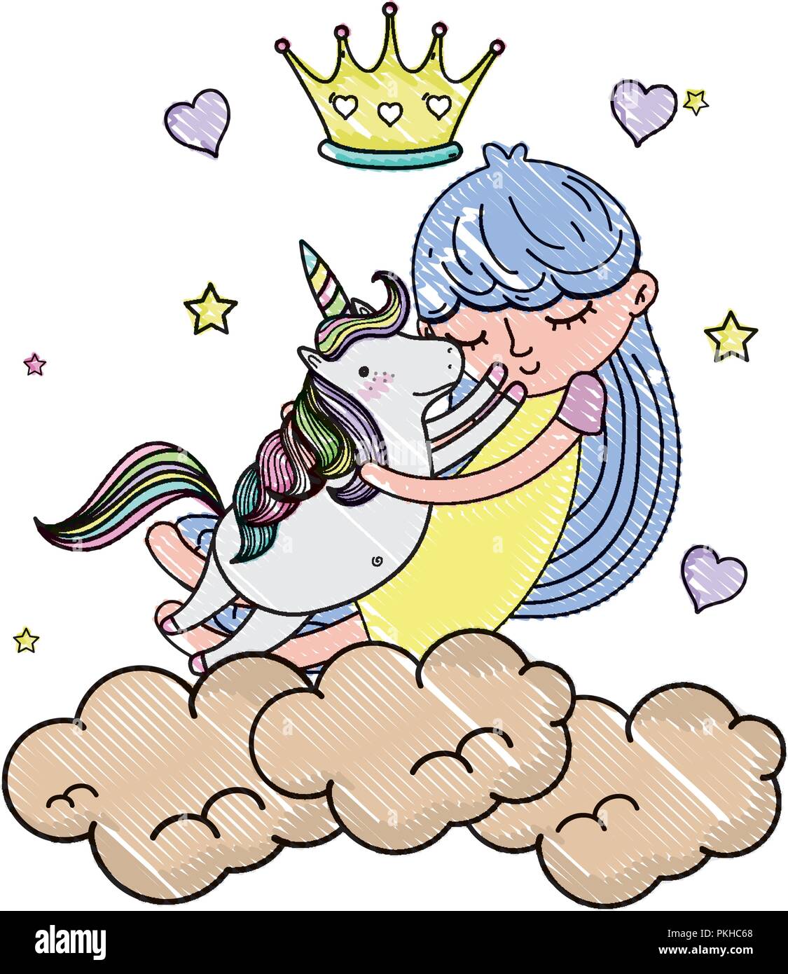 scribbled girl hugging unicorn in the clouds with crown and hearts ...