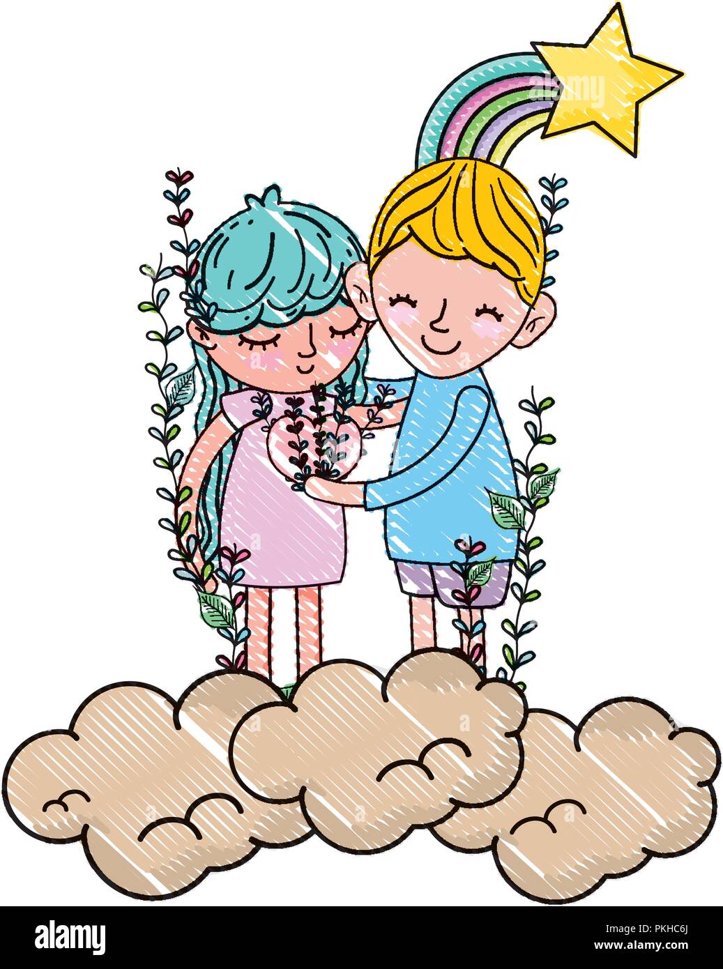 scribbled boy and girl together in the clouds with rainbow Stock Vector ...