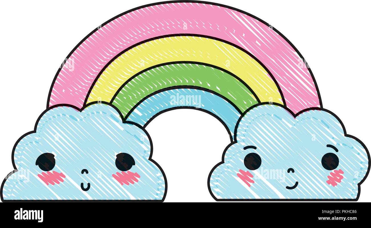 scribbled kawaii cute fluffy clouds and rainbow Stock Vector Image ...