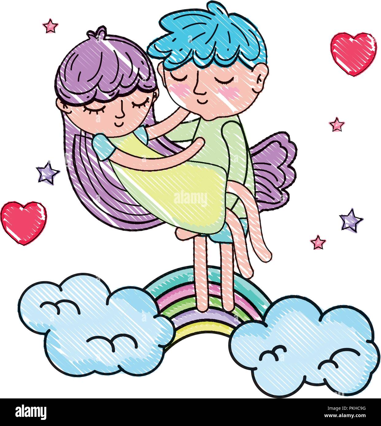 scribbled boy carrying girl in the rainbow with clouds Stock Vector ...