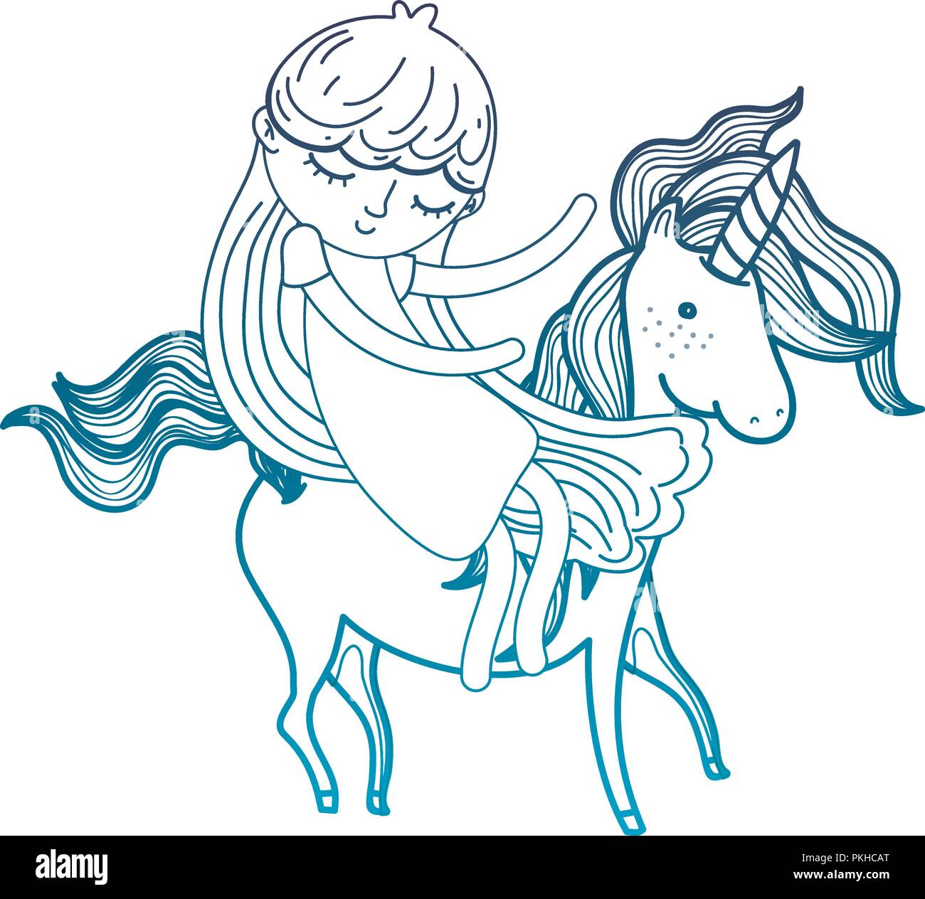 degraded outline beauty girl and unicorn with nice hairstyle Stock ...