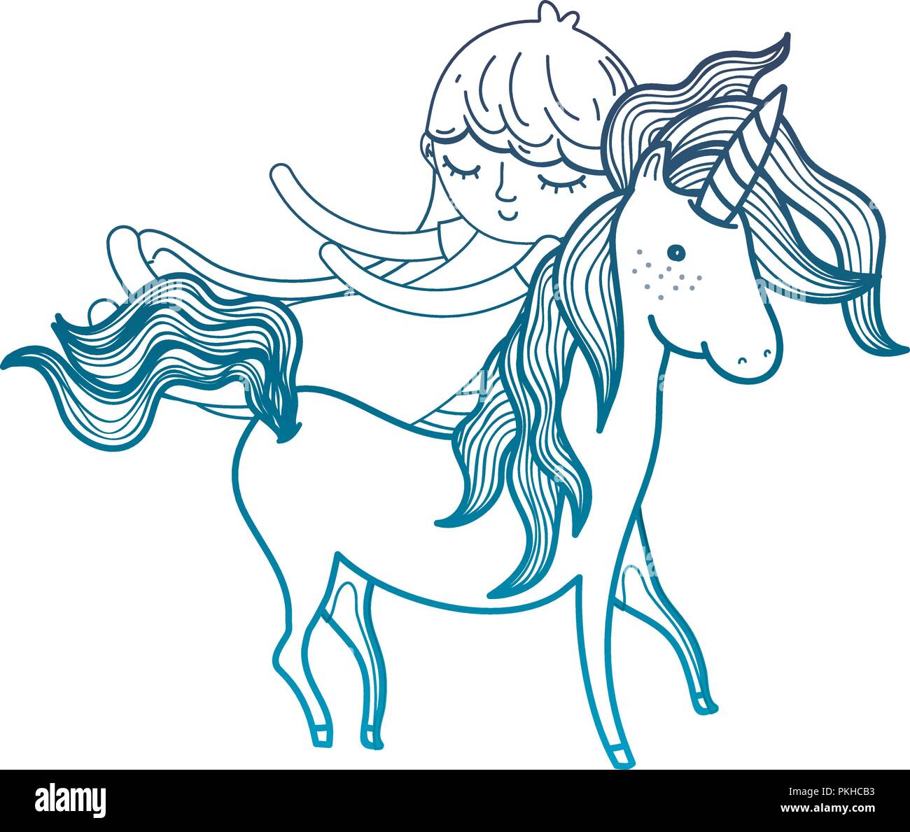 degraded outline cute sweet unicorn with girl sleeping Stock Vector ...