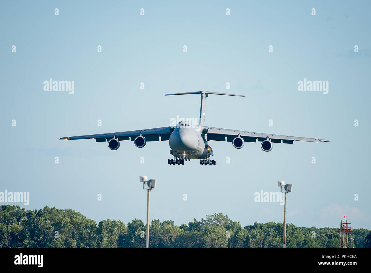 Oshkosh, WI - 28 July 2018:  A C-5 Galaxy preparing to land with landing gear down at an airshow Stock Photo