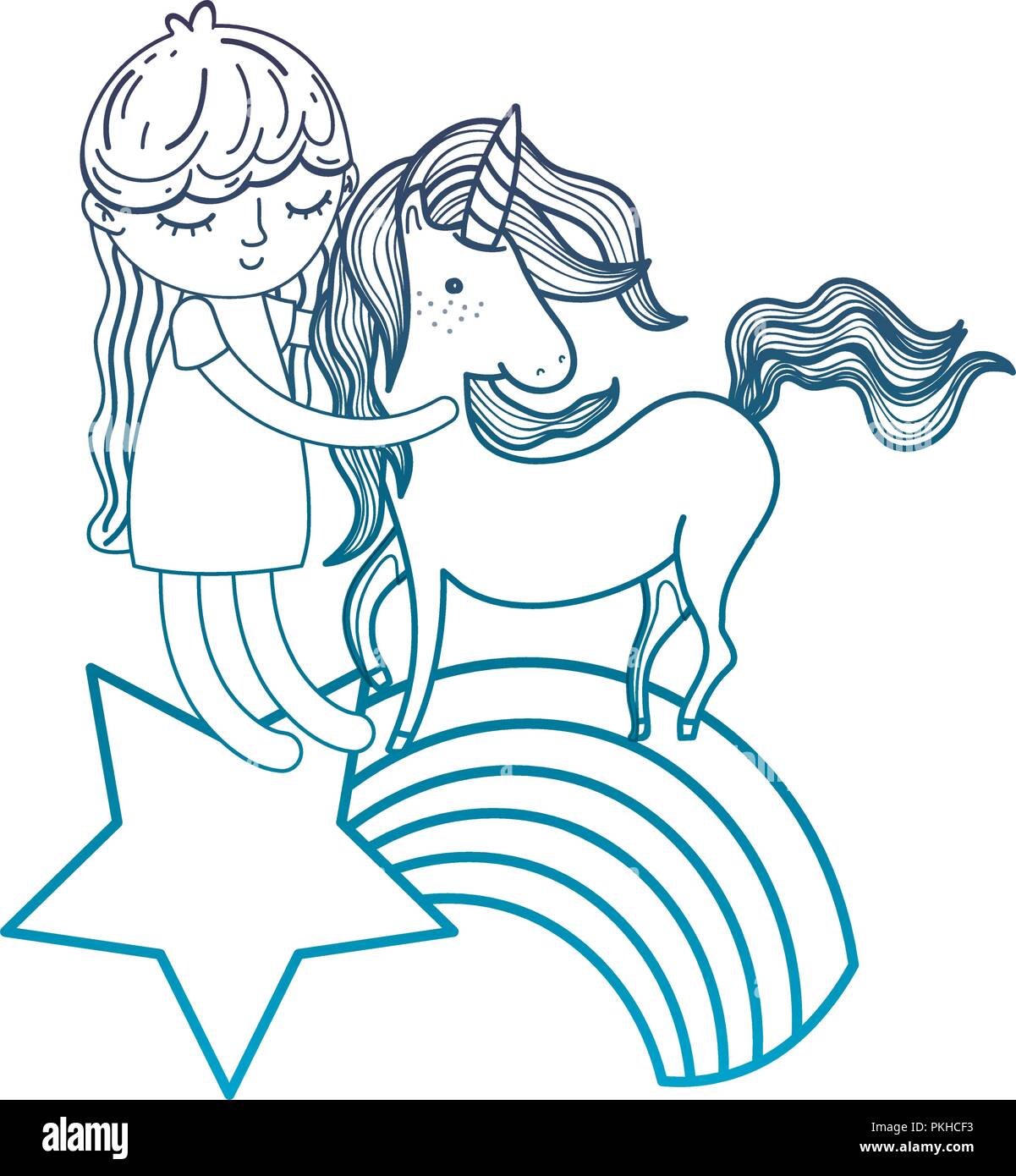 degraded outline nice girl with unicorn in the rainbow and star Stock ...