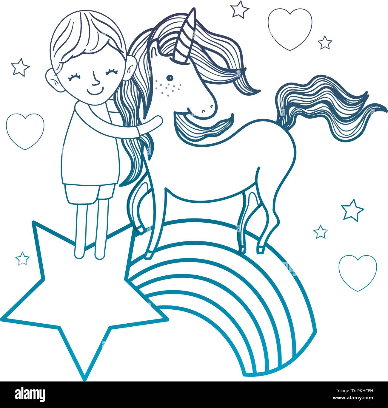 degraded outline boy and unicorn in the rainbow with star and hearts