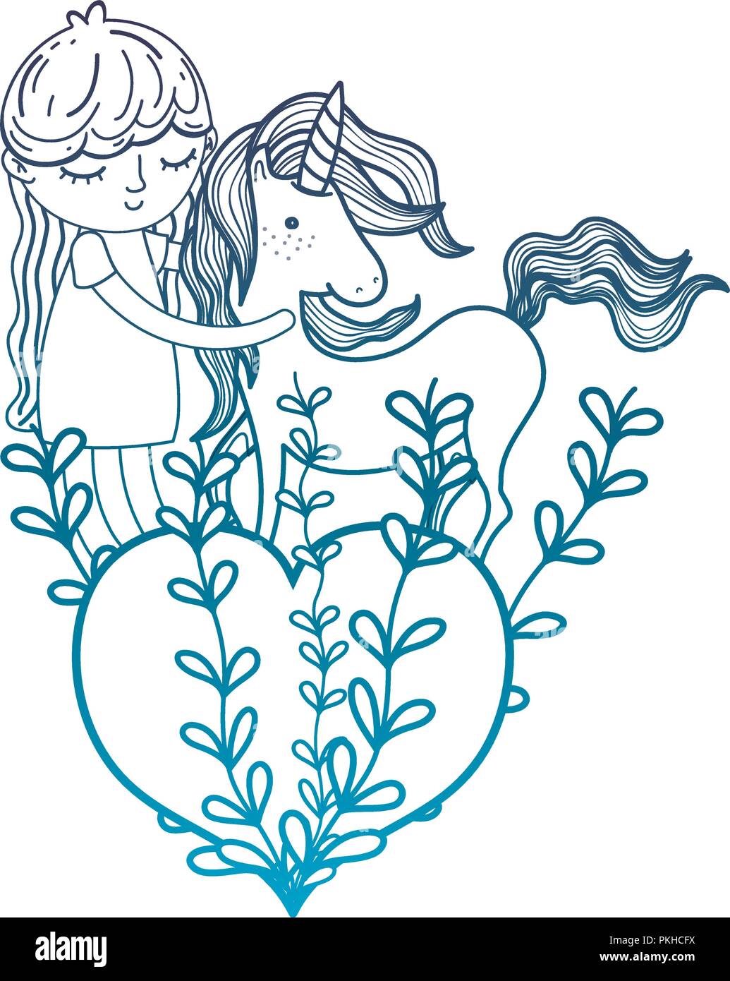 degraded outline nice girl with unicorn and heart with branches Stock ...