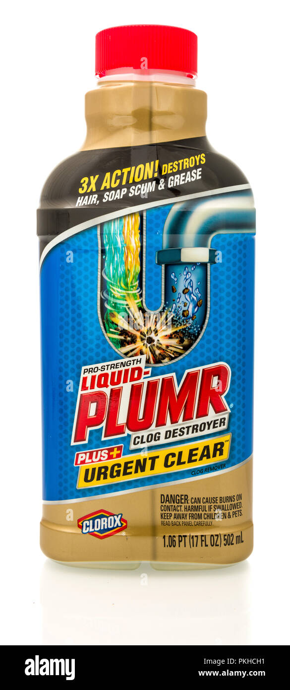 Winneconne, WI - 12 September 2018: A bottle of Liquid Plumer pipe clog remover on an isolated background Stock Photo