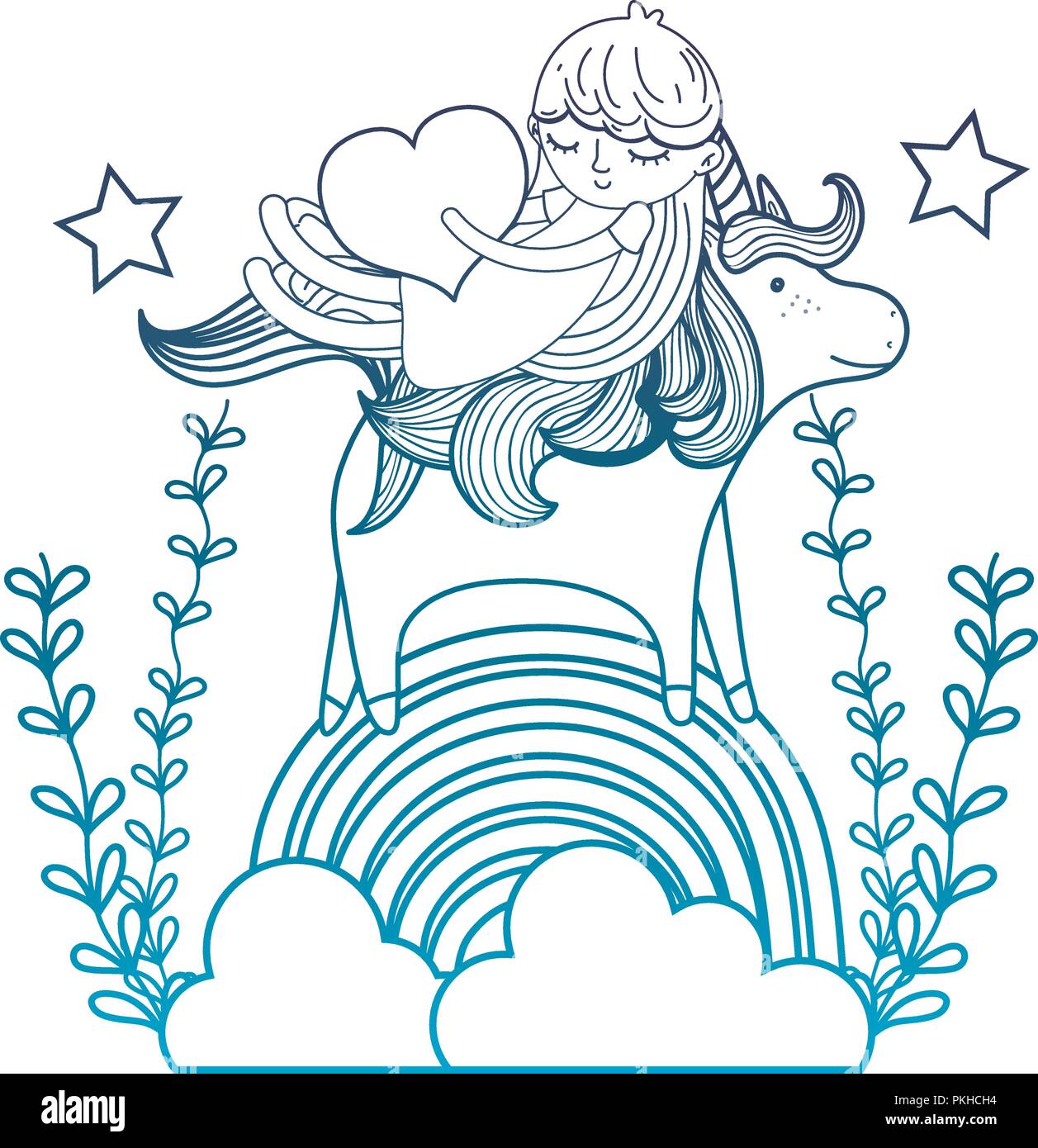 degraded outline girl and unicorn in the rainbow clouds with branches ...