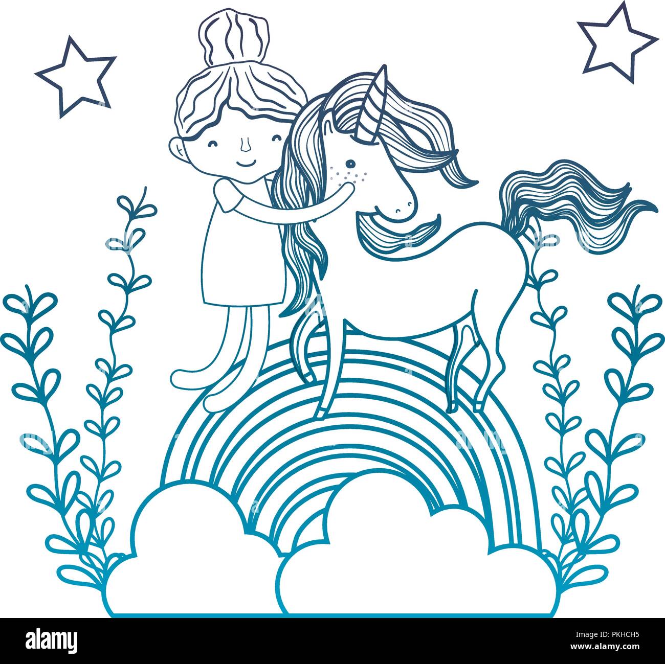 degraded outline beauty hugging unicorn in the rainbow with branches ...