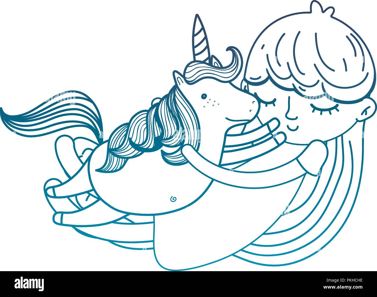 degraded outline happy girl hugging beauty unicorn Stock Vector Image ...