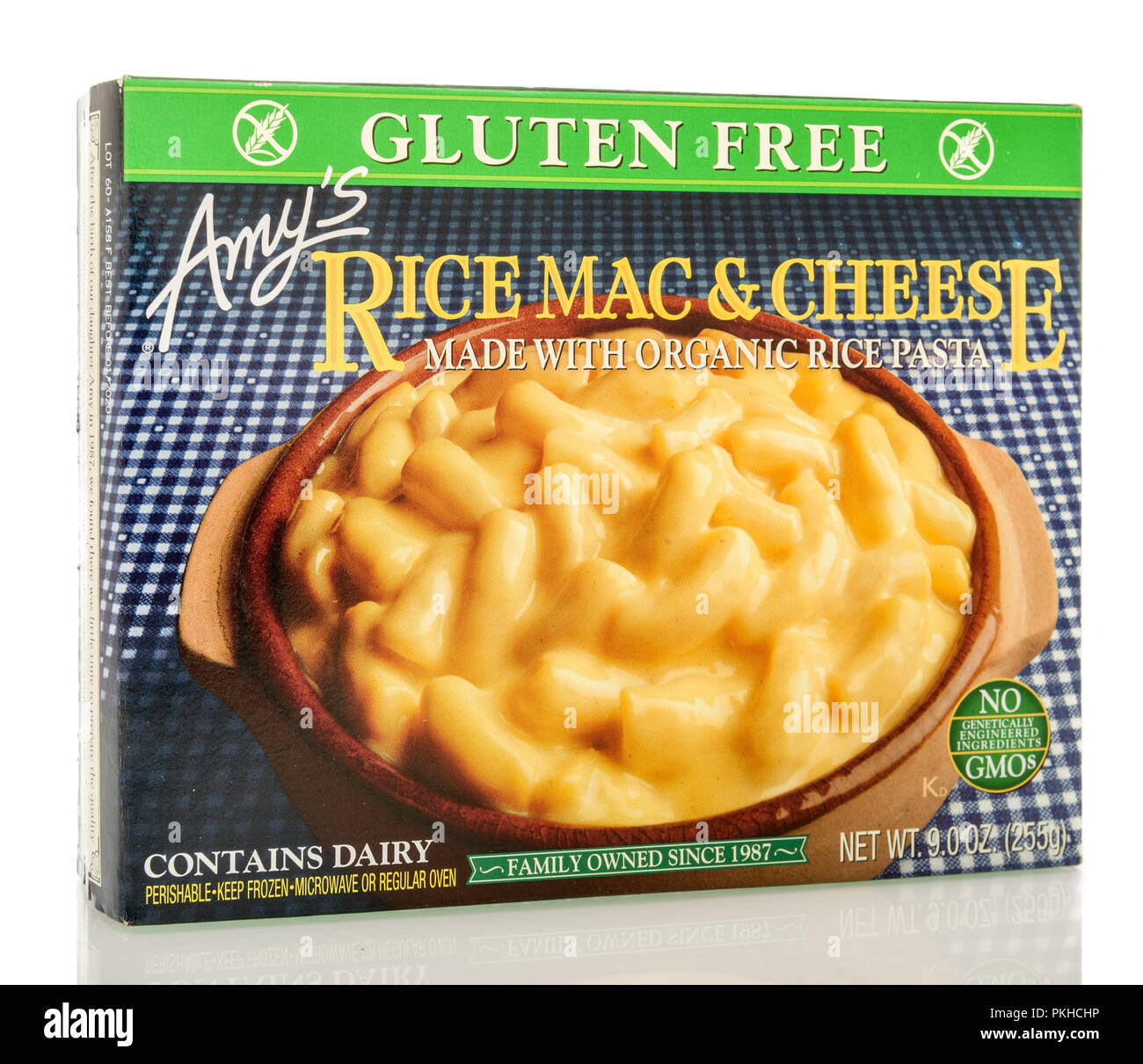 Winneconne, WI - 12 September 2018: A box of Amy's Rice mac and cheese made with organic rice pasta on an isolated background Stock Photo