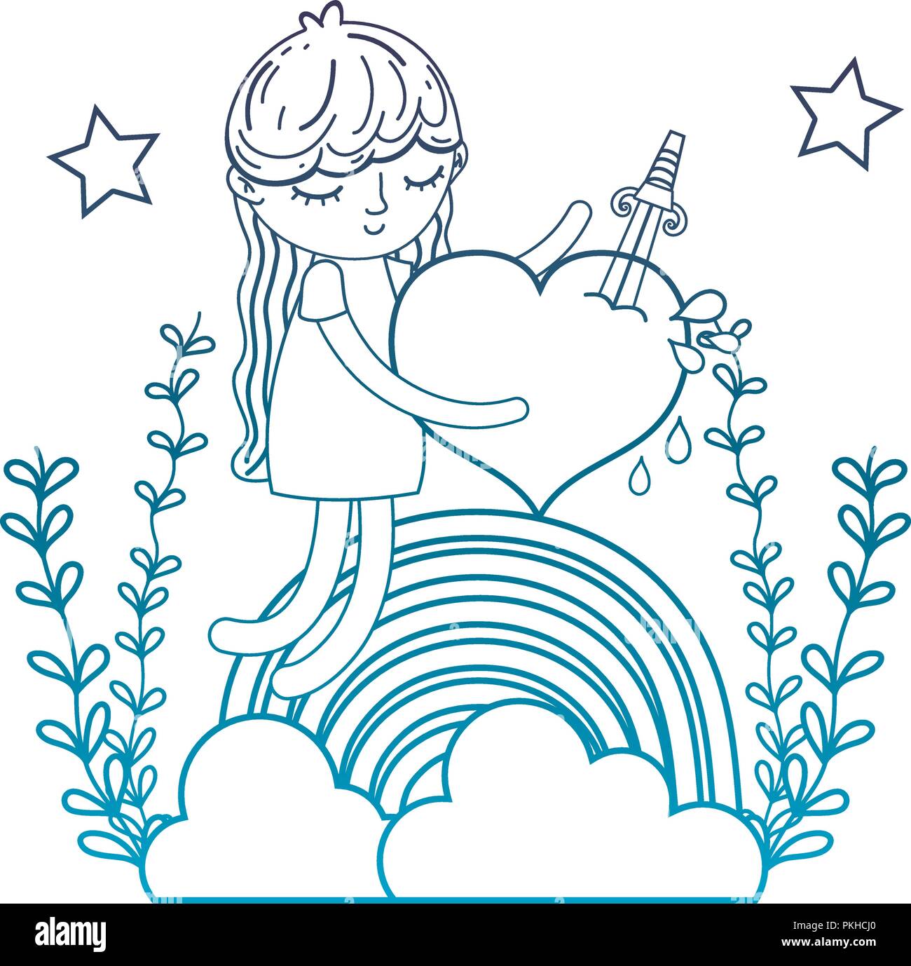 degraded outline girl with heart and rainbow clouds with branches Stock ...