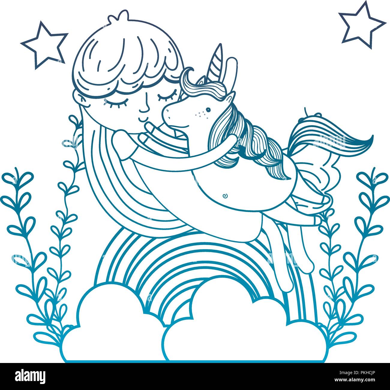 degraded outline girl hugging unicorn with rainbow and branches Stock ...