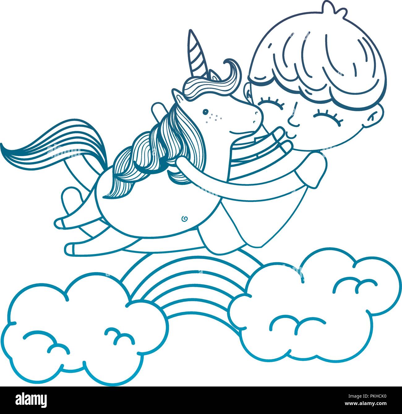 degraded outline happy boy hugging unicorn with rainbow and clouds ...