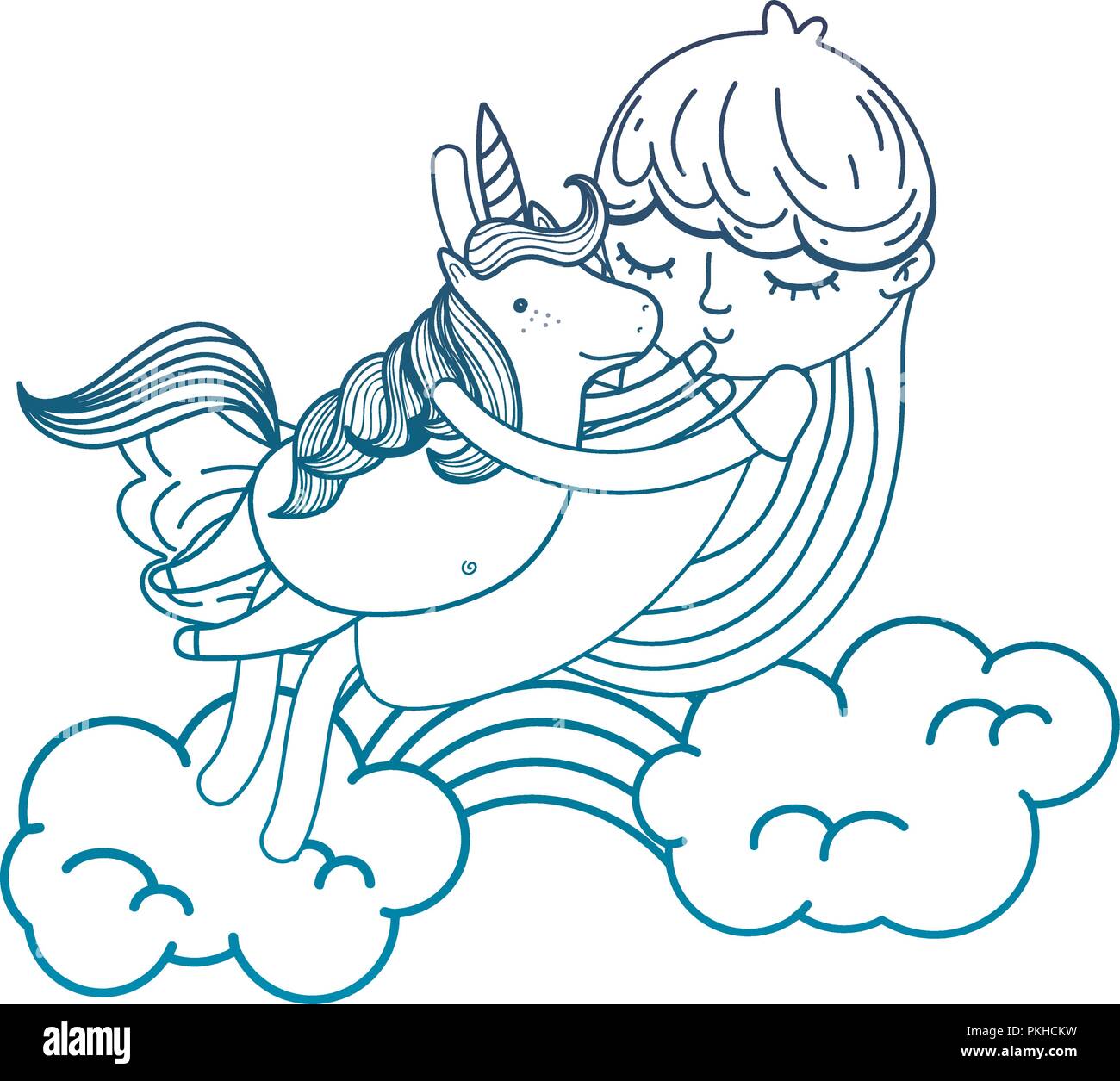 degraded outline nice girl hugging unicorn in the clouds Stock Vector ...