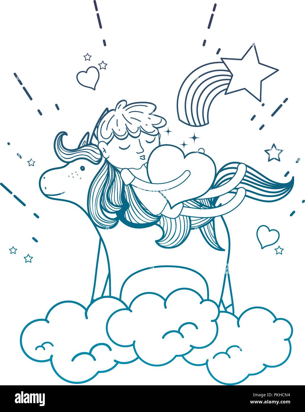 degraded outline sleeping boy riding unicorn with heart stock vector image art alamy alamy