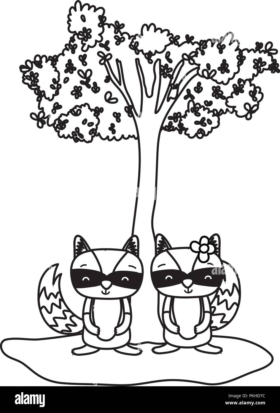 outline cute raccoon couple animal and tree Stock Vector Image & Art ...